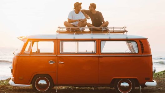 Two men sitting on RV campervan