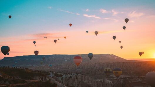 hot air balloons flying over the mountains
