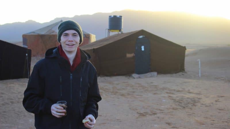 Matt Graham camps in the Moroccan desert during his gap year in 2014.