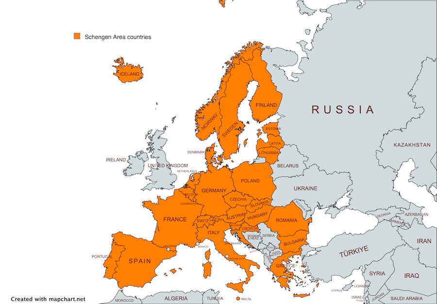 Schengen Area countries as of April 2024