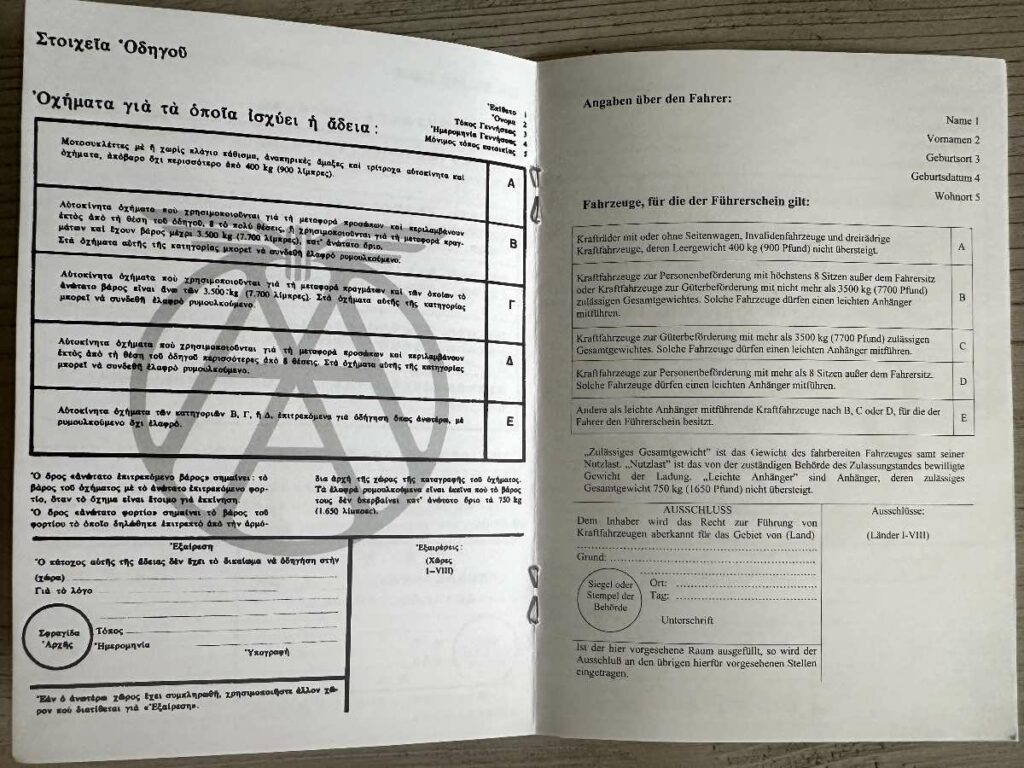Extract of the Australian International Driving Permit with sections translated into Greek and German