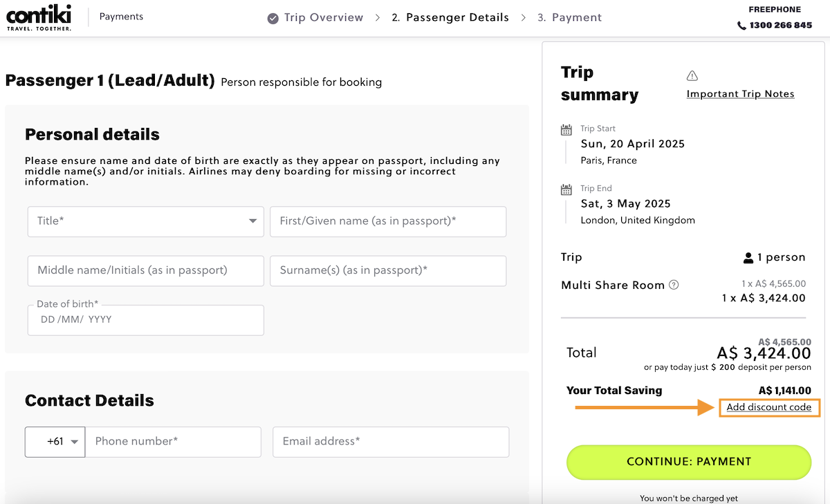 Insert the Working Holidays for Aussies discount code on the Contiki website to get 5% off