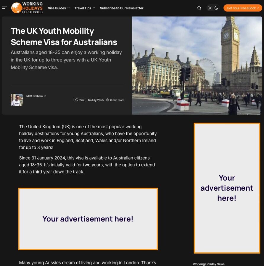 Sample advertisement spots on workingholiday.au