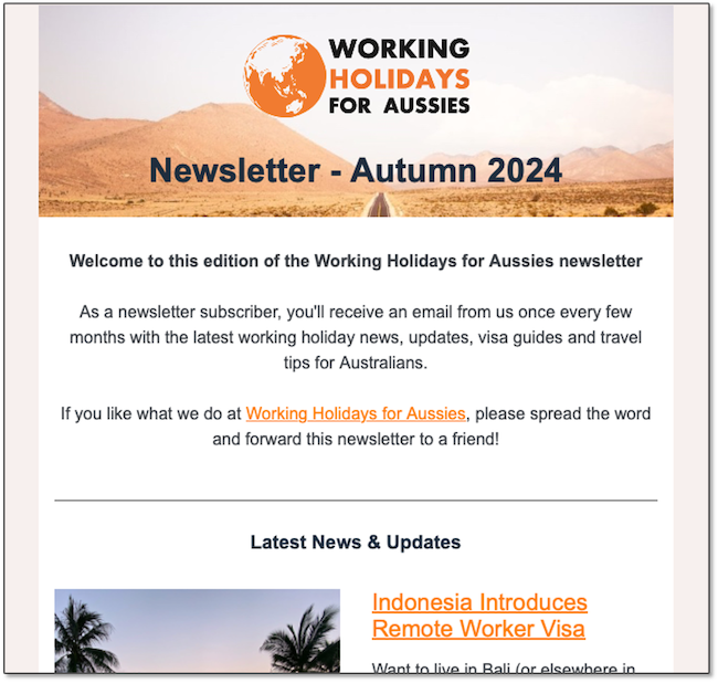Snippet from a Working Holidays for Aussies newsletter